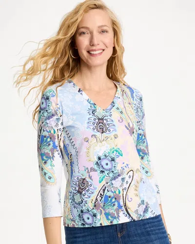 Chico's Patch Cotton Stretch 3/4 Sleeve Tee In Blue In Brown