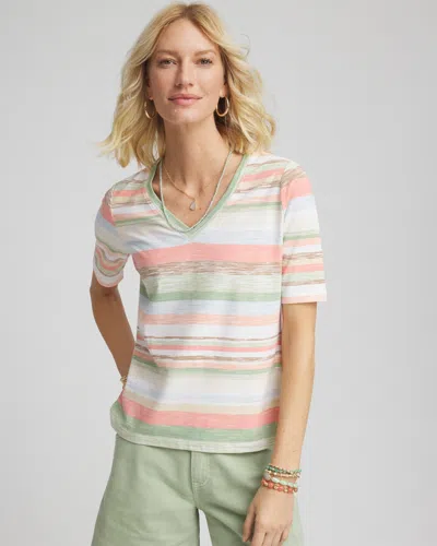 Chico's Perfect Multi-striped V-neck Tee In White Size 8/10 |  In Alabaster