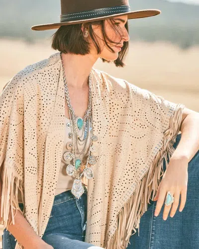 Chico's Perforated Suede-motif Fringe Ruana In Taupe In Brown