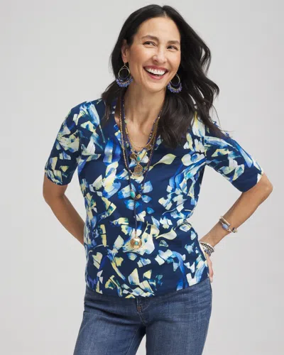 Chico's Petal Print Perfect V-neck Tee In Blue Size 4/6 |  In Passport Blue