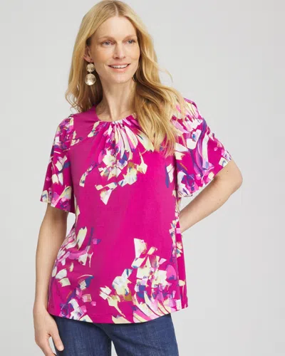 Chico's Petals Smocked Flutter-sleeved Tee In Purple Size 20/22 |  In Purple Clover