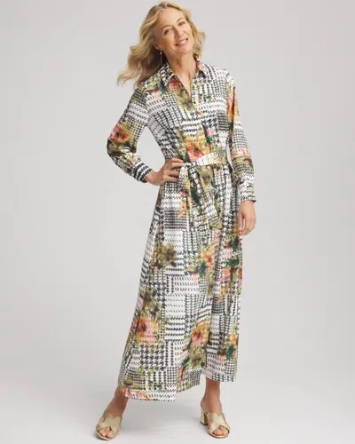 Chico's Petite Artisinal Floral Print Maxi Shirtdress In White In Sand