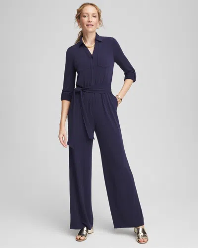 Chico's Petite Belted Jersey Maxi Jumpsuit In Blue