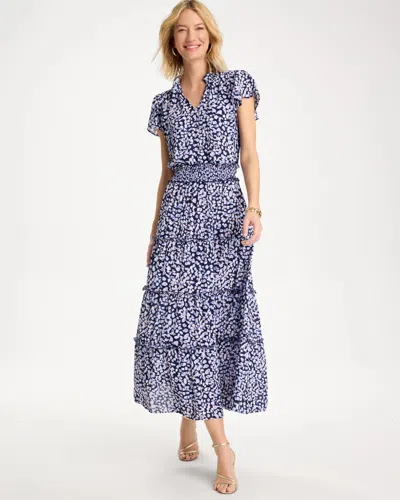 Chico's Petite Crepe Smocked Flutter-sleeve Dress In Amparo Blue