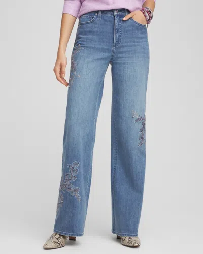 Chico's Petite Embellished High Rise Wide Leg Jeans In Light Wash Denim Size 16p/18p |