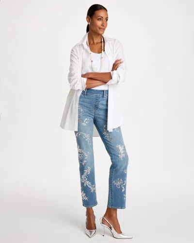 Chico's Petite Embellished Pull-on Straight Ankle Jeans In Estella Indigo