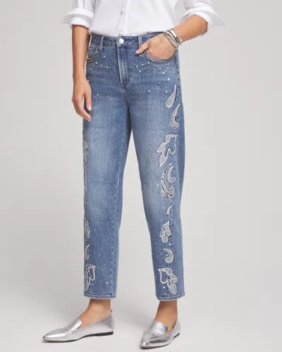 Chico's Petite Embellished Tapered Jeans In Light Wash Denim Size 10p |