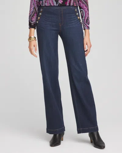 Chico's Petite Embellished Wide Leg Pull On Jeans In Dark Wash Denim Size 2p |