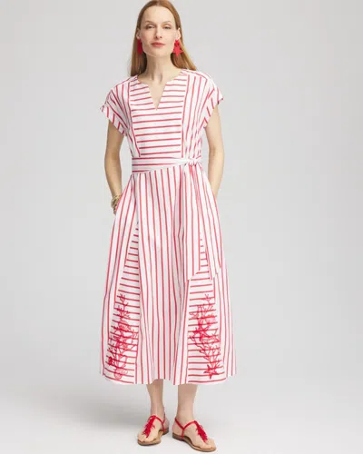 Chico's Petite Embroidered Godet Striped Maxi Dress In White