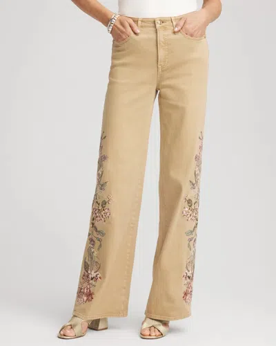 Chico's Petite Embroidered High-rise Wide-leg Jeans In Brown