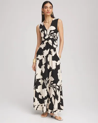 Chico's Petite Floral Ruched Jersey Maxi Dress In Black