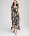 Chico's Petite Floral Ruffle-trim Chiffon Dress In Darkest Spruce In Green