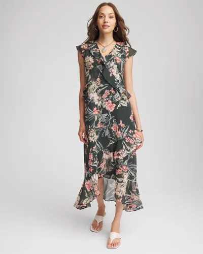 Chico's Petite Floral Ruffle-trim Chiffon Dress In Darkest Spruce In Green