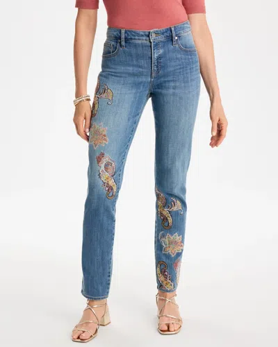 Chico's Petite Girlfriend Slim Embroidered Ankle Jeans In Champlin Indigo In Blue