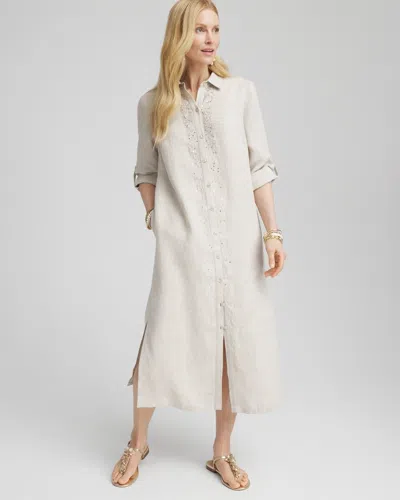 Chico's Petite Linen Embellished Midi Shirt Dress In Tan Size 8p/10p |  In Oatmeal