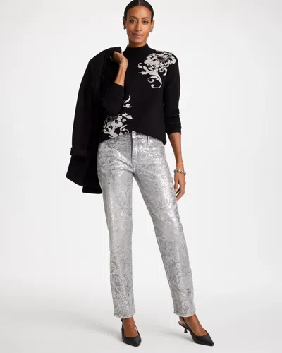 Chico's Petite Paisley Foiled Girlfriend Straight Ankle Jeans In Greydon Wash