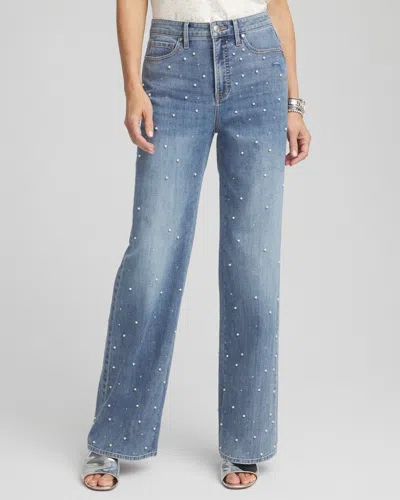 Chico's Petite Pearl Embellished High Rise Wide Leg Jeans In Medium Wash Denim Size 14p |
