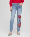 Chico's Petite Placed Floral Girlfriend Slim Ankle Jeans In Poppy Indigo In Multi