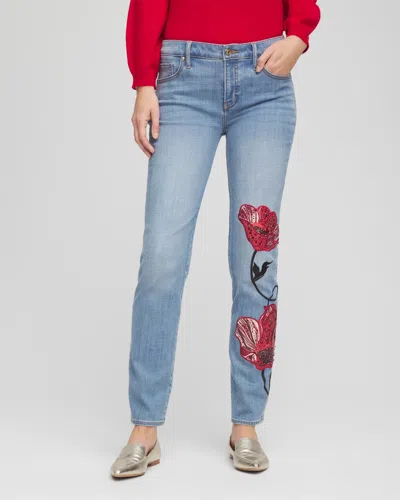 Chico's Petite Placed Floral Girlfriend Slim Ankle Jeans In Poppy Indigo In Multi
