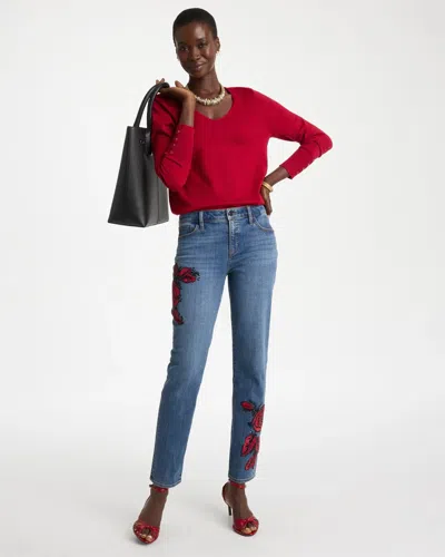 Chico's Petite Rose Embellished Girlfriend Ankle Jeans In Rimini Indigo