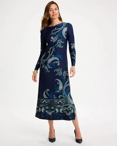 Chico's Petite Soft-stretch Knit Printed Dress In Blue In Passport Blue