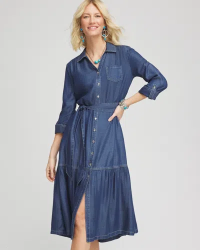 Chico's Petite Tencel™ Tiered Belted Jean Shirtdress In Denim Size 8p/10p |  In Marina Bay Indigo