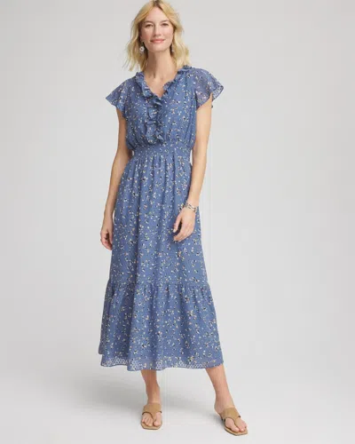 Chico's Petite Textured Ruffled-placket Maxi Dress In Blue Lotus