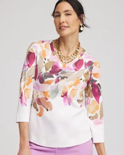 Chico's Pima 3/4-sleeve Print Tee In White Size 12/14 |  In Alabaster
