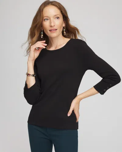 Chico's Pima Cotton Crewneck Button Tee In Black In Animal Print