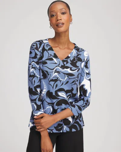 Chico's Pima Cotton Floral 3/4 Sleeve Tee In Blue Lotus