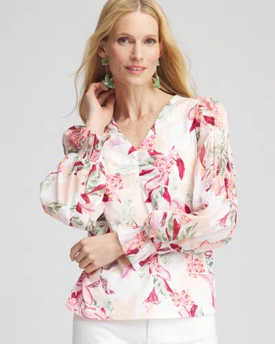 Chico's Pima Floral Smocked Long Sleeve Tee In White Size 20/22 |  In Ecru