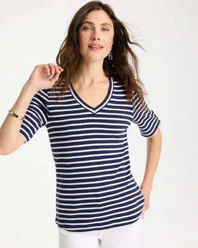 Chico's Pima Striped Elbow Sleeve Tee In Blue