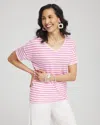 CHICO'S PINK STRIPE SWEATER TRIM LINEN TEE IN DELIGHTFUL PINK SIZE 4/6 | CHICO'S