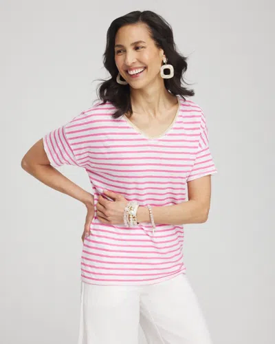 Chico's Pink Stripe Sweater Trim Linen Tee In Delightful Pink Size Large |