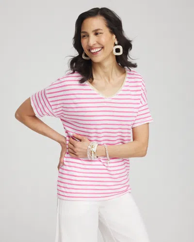 Chico's Pink Stripe Sweater Trim Linen Tee Size 12/14 |  In Delightful Pink