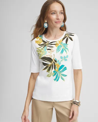 Chico's Placed Palms Jewel Neck Tee In White Size 8/10 |