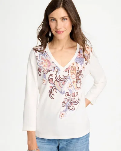 Chico's Placed Print Cotton Stretch 3/4 Sleeve Tee In White In Ecru