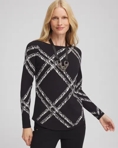 Chico's Plaid Bateau Neck Long Sleeve Pullover Sweater In Black