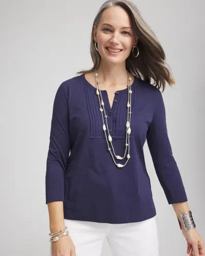 Chico's Pleated Placket Henley Tee In Blue Size 0/2 |  In Passport Blue
