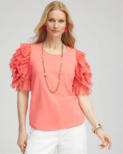 Chico's Pleated Tulle-sleeve Top In Melon Mambo Size 16/18 |