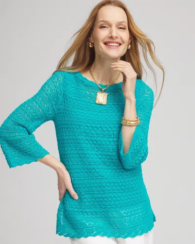 Chico's Pointelle Bateau-neck Pullover Sweater In Blue In Green