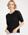 Chico's Pointelle Blanket-stitch Pullover Sweater In Black In Black