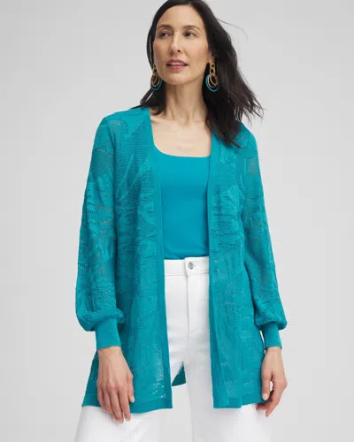 Chico's Pointelle Palms Cardigan Sweater In Peacock Blue Size 8/10 |
