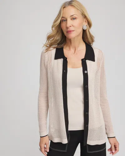 Chico's Pointelle Polo Cardigan Sweater In Taupe In Brown