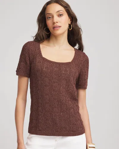 Chico's Pointelle Square-neck Pullover Sweater In Cacao In Brown