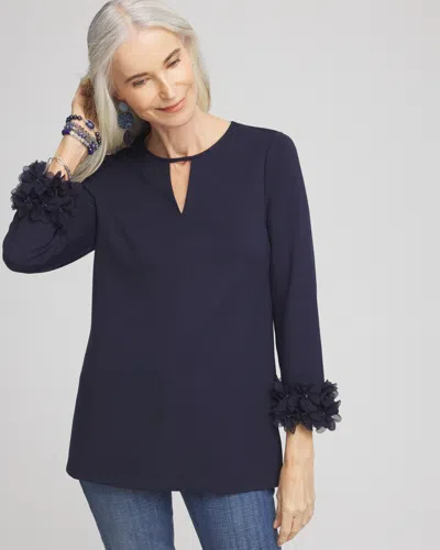 Chico's Ponte 3d Applique Floral Tunic Top In Blue Size 8/10 |  In Classic Navy