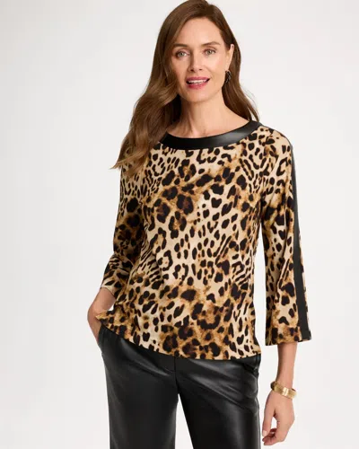Chico's Ponte Knit Animal Faux Leather-trim Top In Black