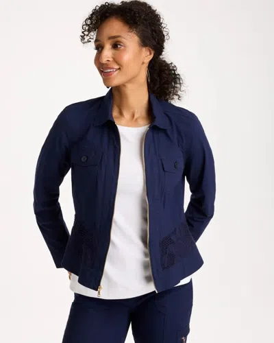 Chico's Poplin Cotton Lace Peplum Jacket In Blue