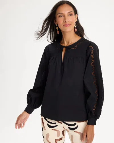 Chico's Poplin Cotton Lace Tie-front Blouse In Black