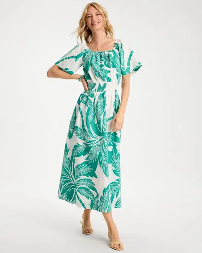 Chico's Poplin Cotton Off-shoulder Printed Dress In Topanga Green